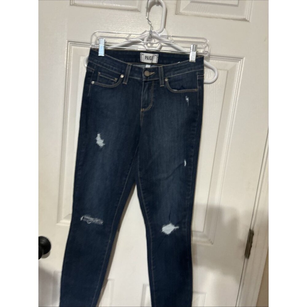 Paige Jeans Women’s 26 Skinny Dark Wash Denim Distressing EUC - Picture 2 of 6